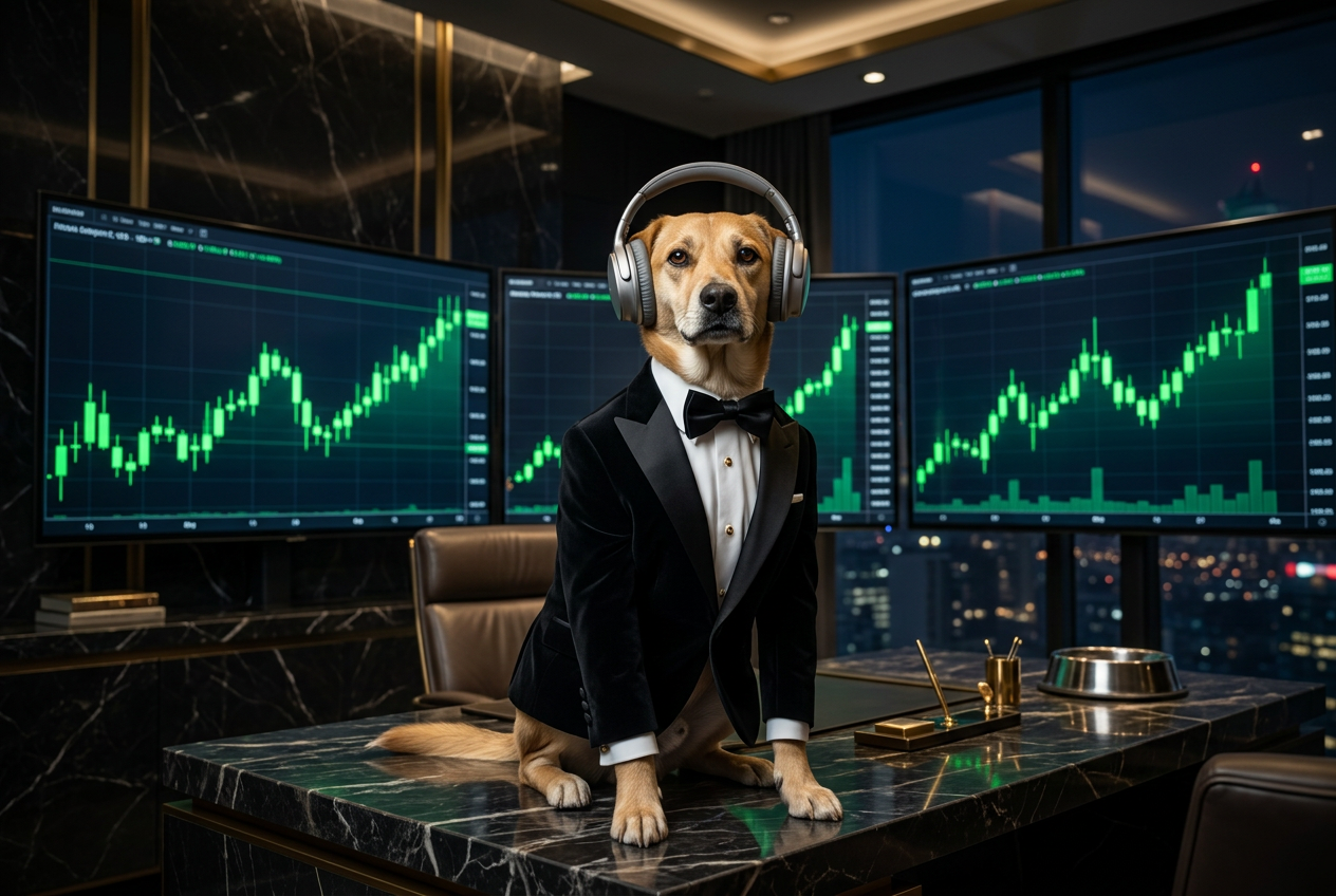 $CashDOG mascot in a tuxedo before green candlestick charts